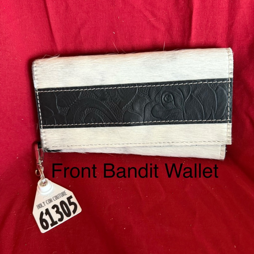 Holy Cow Bandit Wallet $135 Black & White Cowhide black embossed leather accent